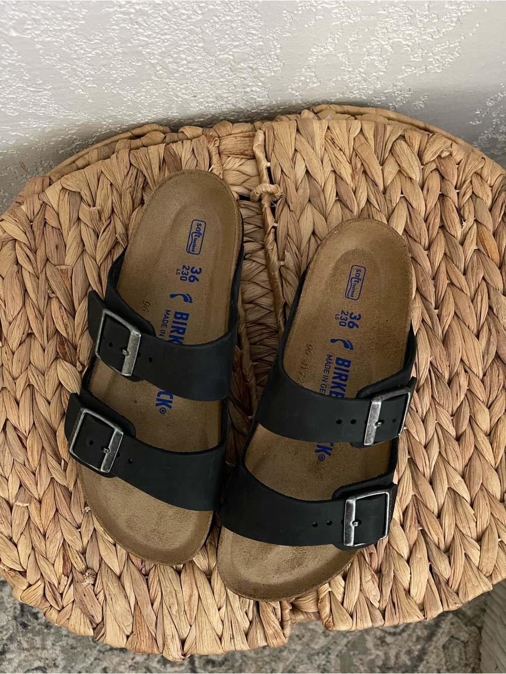 Birkenstock Two-Strap Sandals in Black and Brown Footbed